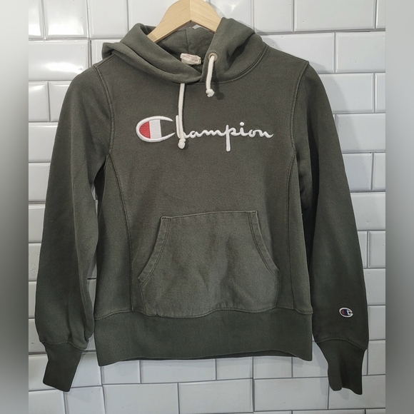 CHAMPION Reverse Weave Warm Up Hoodie Color Distressed Olive Green Heavyweight